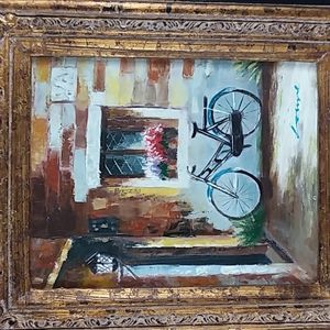 ORIGINAL SIGNED OIL PAINTING ITALIAN VINTAGE BICYCLE SCENE PUB COTTAGE FRAMED